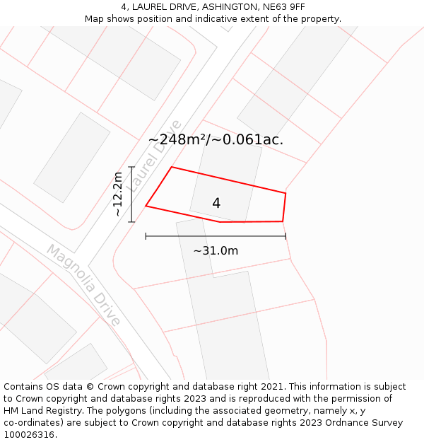 4, LAUREL DRIVE, ASHINGTON, NE63 9FF: Plot and title map