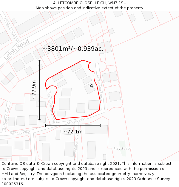 4, LETCOMBE CLOSE, LEIGH, WN7 1SU: Plot and title map