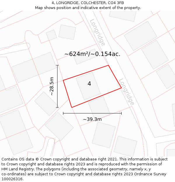 4, LONGRIDGE, COLCHESTER, CO4 3FB: Plot and title map