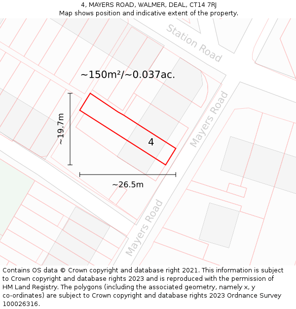 4, MAYERS ROAD, WALMER, DEAL, CT14 7RJ: Plot and title map