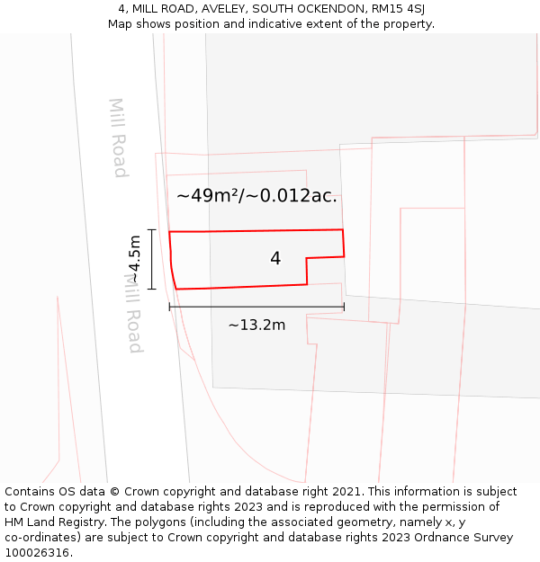 4, MILL ROAD, AVELEY, SOUTH OCKENDON, RM15 4SJ: Plot and title map