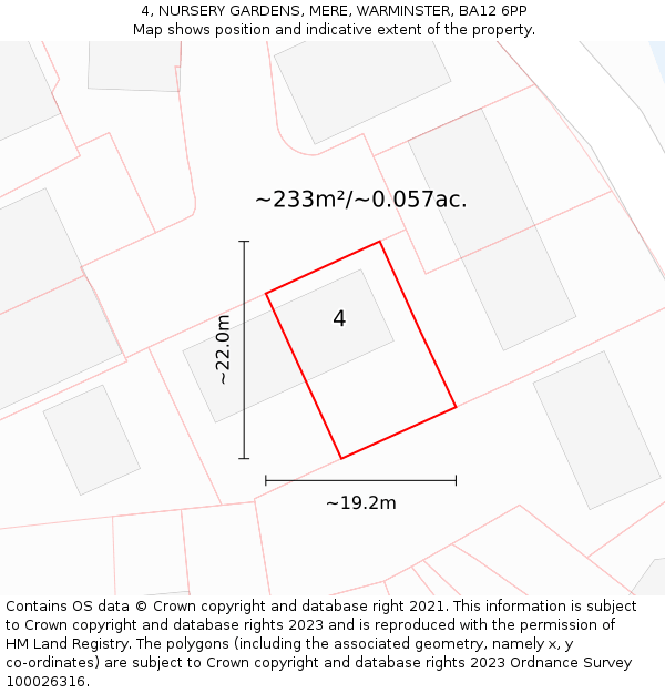 4, NURSERY GARDENS, MERE, WARMINSTER, BA12 6PP: Plot and title map