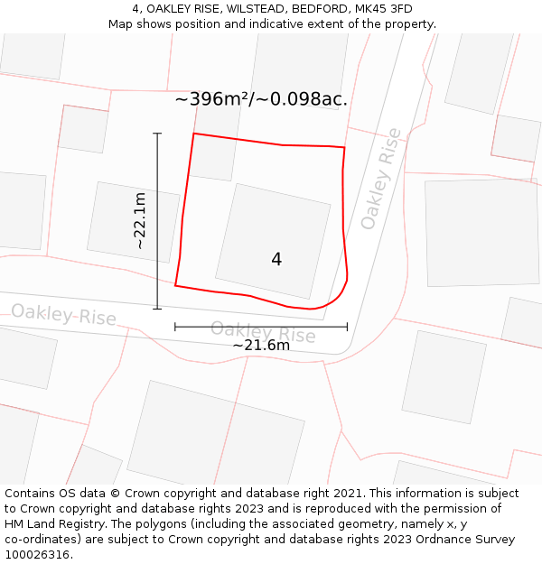 4, OAKLEY RISE, WILSTEAD, BEDFORD, MK45 3FD: Plot and title map