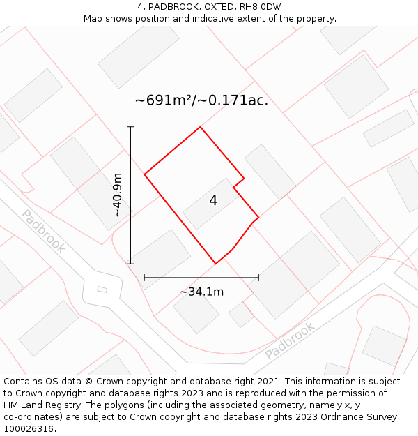 4, PADBROOK, OXTED, RH8 0DW: Plot and title map