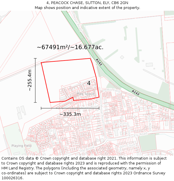 4, PEACOCK CHASE, SUTTON, ELY, CB6 2GN: Plot and title map