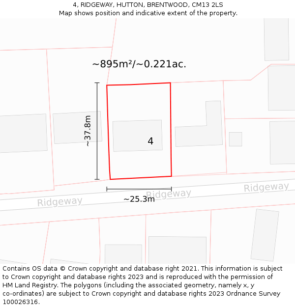 4, RIDGEWAY, HUTTON, BRENTWOOD, CM13 2LS: Plot and title map