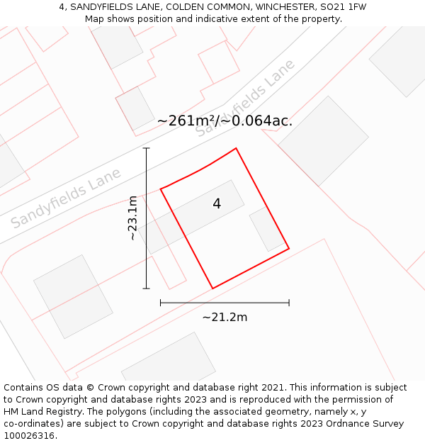 4, SANDYFIELDS LANE, COLDEN COMMON, WINCHESTER, SO21 1FW: Plot and title map