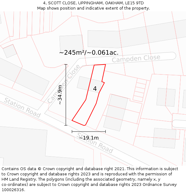 4, SCOTT CLOSE, UPPINGHAM, OAKHAM, LE15 9TD: Plot and title map