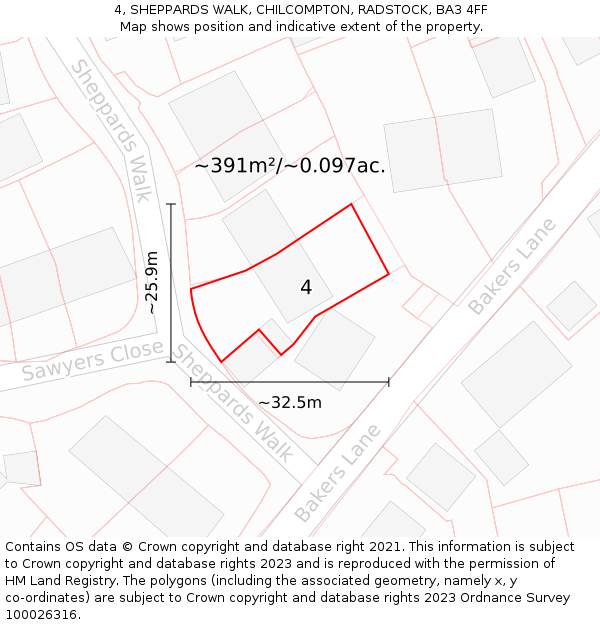 4, SHEPPARDS WALK, CHILCOMPTON, RADSTOCK, BA3 4FF: Plot and title map