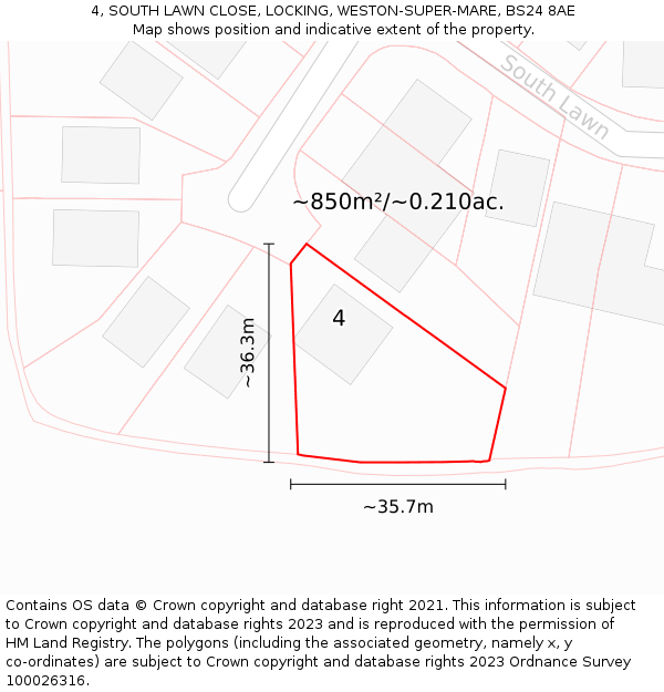 4, SOUTH LAWN CLOSE, LOCKING, WESTON-SUPER-MARE, BS24 8AE: Plot and title map