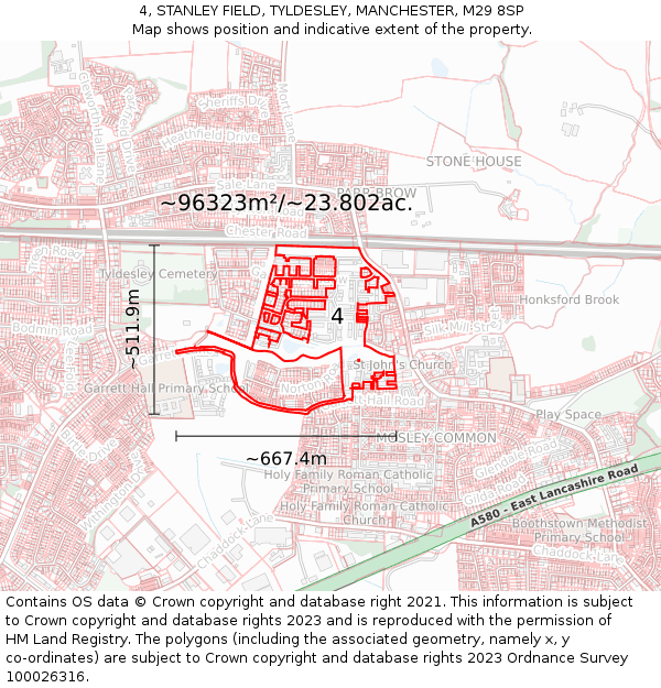 4, STANLEY FIELD, TYLDESLEY, MANCHESTER, M29 8SP: Plot and title map