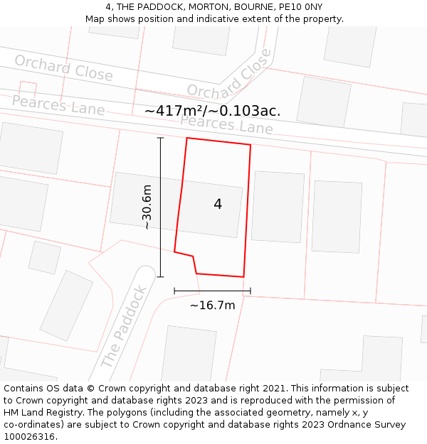 4, THE PADDOCK, MORTON, BOURNE, PE10 0NY: Plot and title map