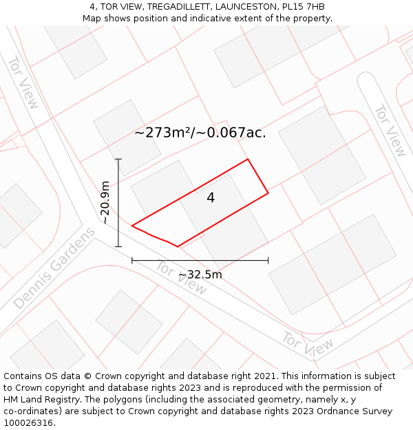 4, TOR VIEW, TREGADILLETT, LAUNCESTON, PL15 7HB: Plot and title map