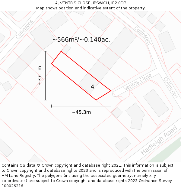 4, VENTRIS CLOSE, IPSWICH, IP2 0DB: Plot and title map