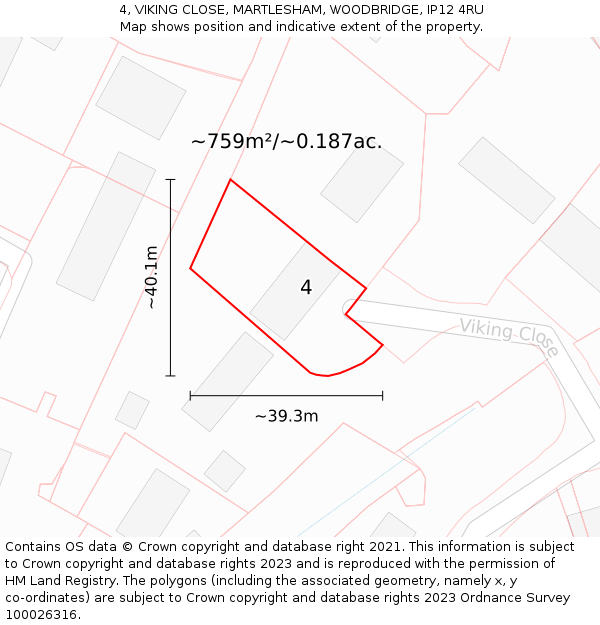 4, VIKING CLOSE, MARTLESHAM, WOODBRIDGE, IP12 4RU: Plot and title map