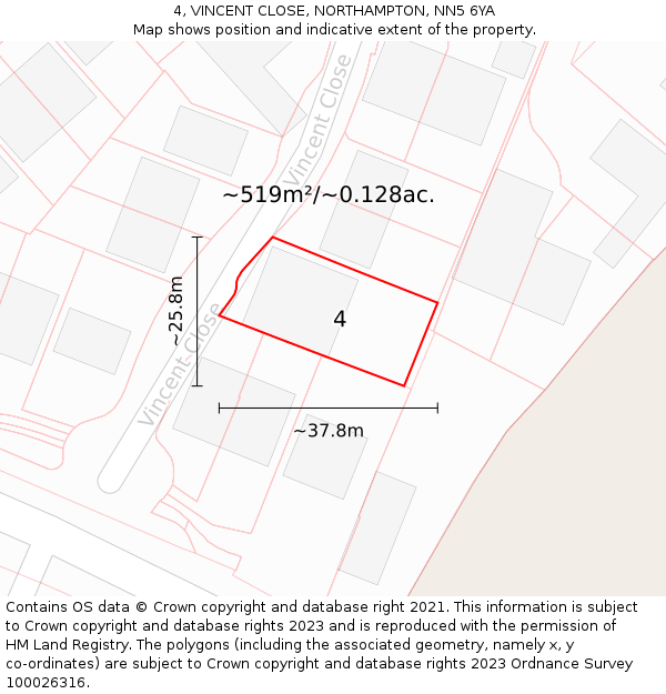 4, VINCENT CLOSE, NORTHAMPTON, NN5 6YA: Plot and title map