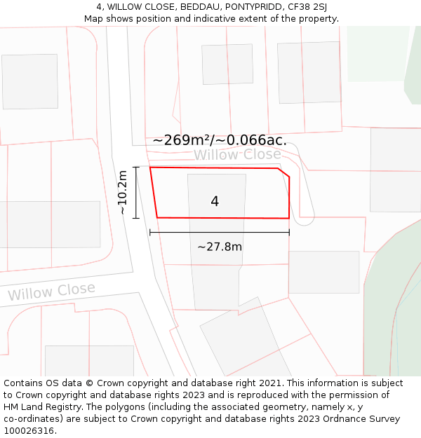 4, WILLOW CLOSE, BEDDAU, PONTYPRIDD, CF38 2SJ: Plot and title map