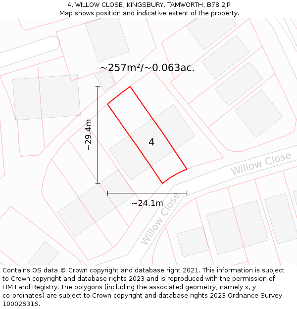 4, WILLOW CLOSE, KINGSBURY, TAMWORTH, B78 2JP: Plot and title map