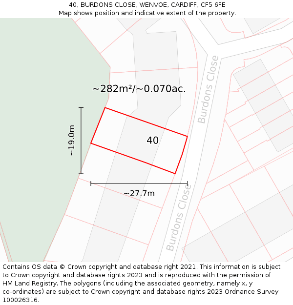 40, BURDONS CLOSE, WENVOE, CARDIFF, CF5 6FE: Plot and title map