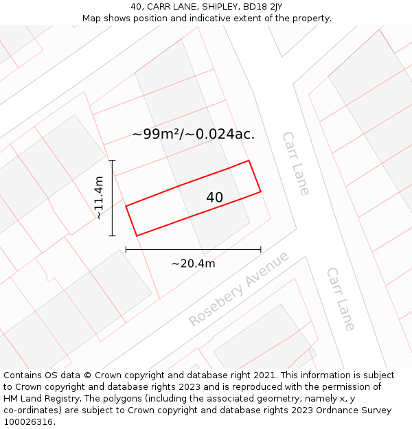 40, CARR LANE, SHIPLEY, BD18 2JY: Plot and title map