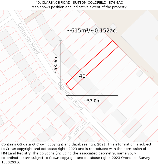 40, CLARENCE ROAD, SUTTON COLDFIELD, B74 4AQ: Plot and title map