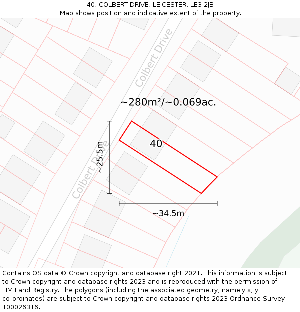 40, COLBERT DRIVE, LEICESTER, LE3 2JB: Plot and title map