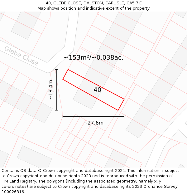 40, GLEBE CLOSE, DALSTON, CARLISLE, CA5 7JE: Plot and title map