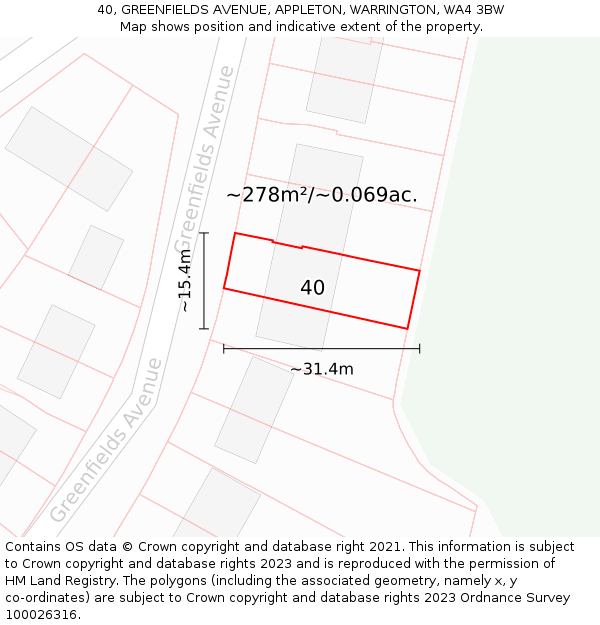 40, GREENFIELDS AVENUE, APPLETON, WARRINGTON, WA4 3BW: Plot and title map
