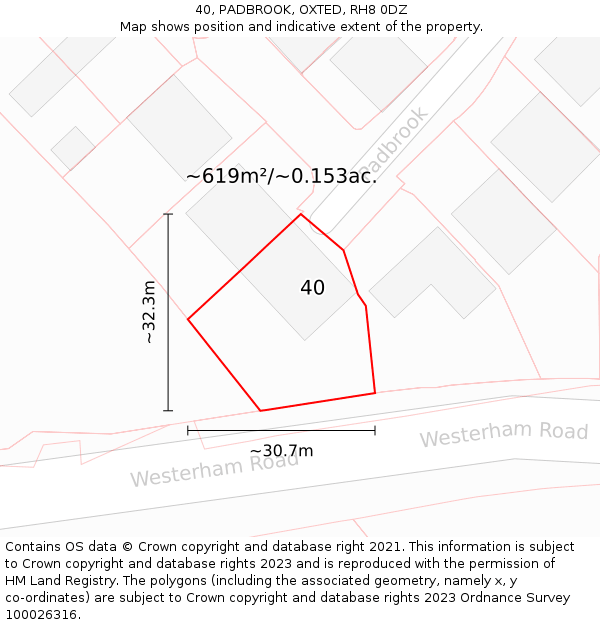 40, PADBROOK, OXTED, RH8 0DZ: Plot and title map