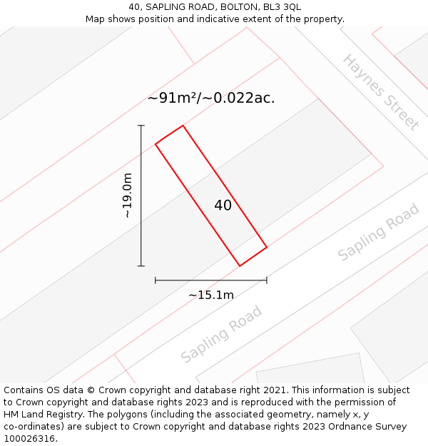 40, SAPLING ROAD, BOLTON, BL3 3QL: Plot and title map