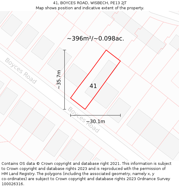 41, BOYCES ROAD, WISBECH, PE13 2JT: Plot and title map