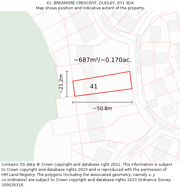 41, BREAMORE CRESCENT, DUDLEY, DY1 3DA: Plot and title map