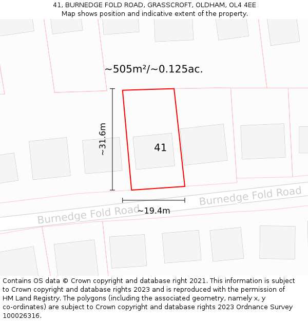 41, BURNEDGE FOLD ROAD, GRASSCROFT, OLDHAM, OL4 4EE: Plot and title map