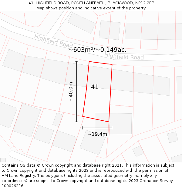 41, HIGHFIELD ROAD, PONTLLANFRAITH, BLACKWOOD, NP12 2EB: Plot and title map