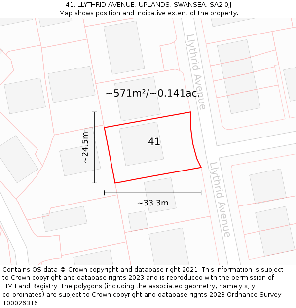 41, LLYTHRID AVENUE, UPLANDS, SWANSEA, SA2 0JJ: Plot and title map