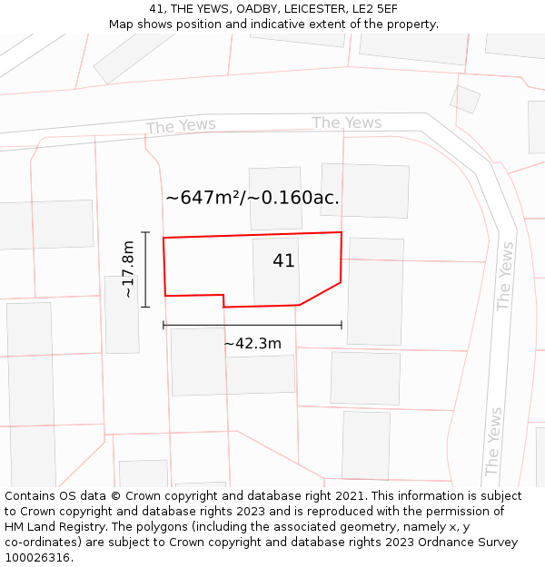 41, THE YEWS, OADBY, LEICESTER, LE2 5EF: Plot and title map