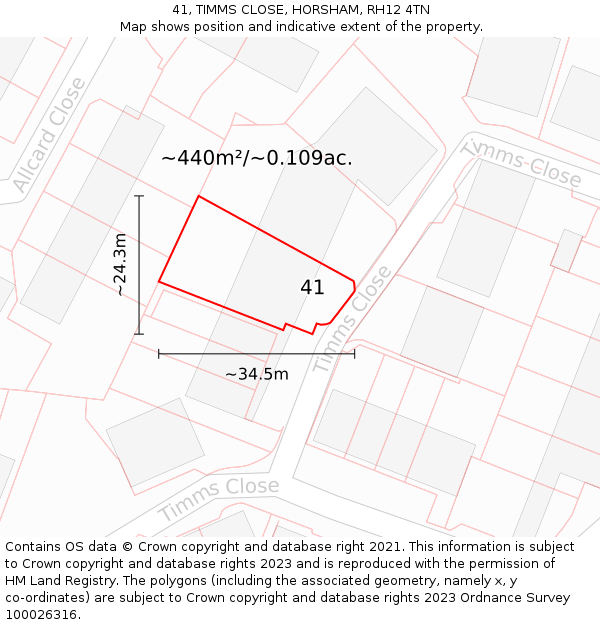 41, TIMMS CLOSE, HORSHAM, RH12 4TN: Plot and title map