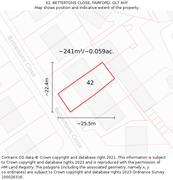 42, BETTERTONS CLOSE, FAIRFORD, GL7 4HY: Plot and title map