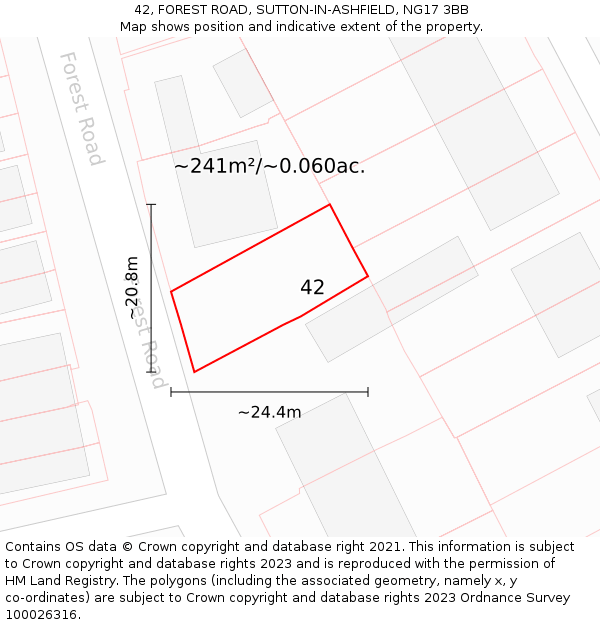 42, FOREST ROAD, SUTTON-IN-ASHFIELD, NG17 3BB: Plot and title map