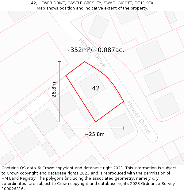 42, HEWER DRIVE, CASTLE GRESLEY, SWADLINCOTE, DE11 9FX: Plot and title map