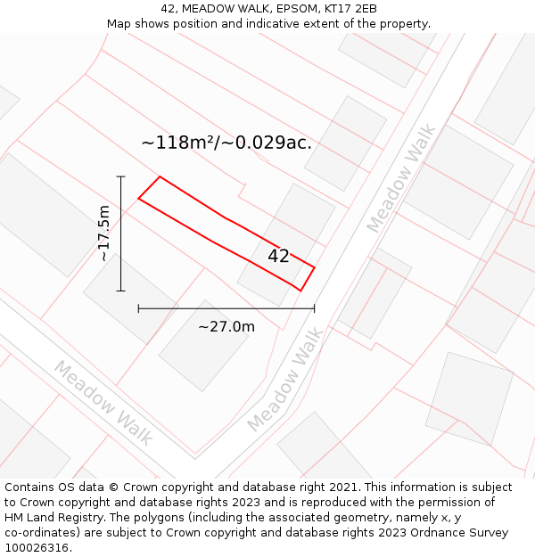 42, MEADOW WALK, EPSOM, KT17 2EB: Plot and title map