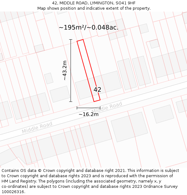42, MIDDLE ROAD, LYMINGTON, SO41 9HF: Plot and title map