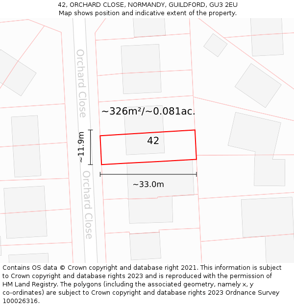 42, ORCHARD CLOSE, NORMANDY, GUILDFORD, GU3 2EU: Plot and title map