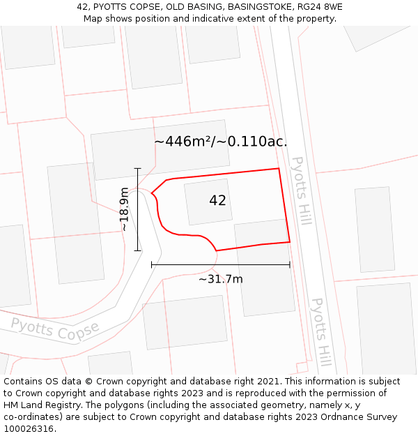 42, PYOTTS COPSE, OLD BASING, BASINGSTOKE, RG24 8WE: Plot and title map
