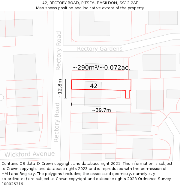 42, RECTORY ROAD, PITSEA, BASILDON, SS13 2AE: Plot and title map