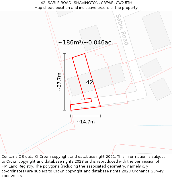 42, SABLE ROAD, SHAVINGTON, CREWE, CW2 5TH: Plot and title map