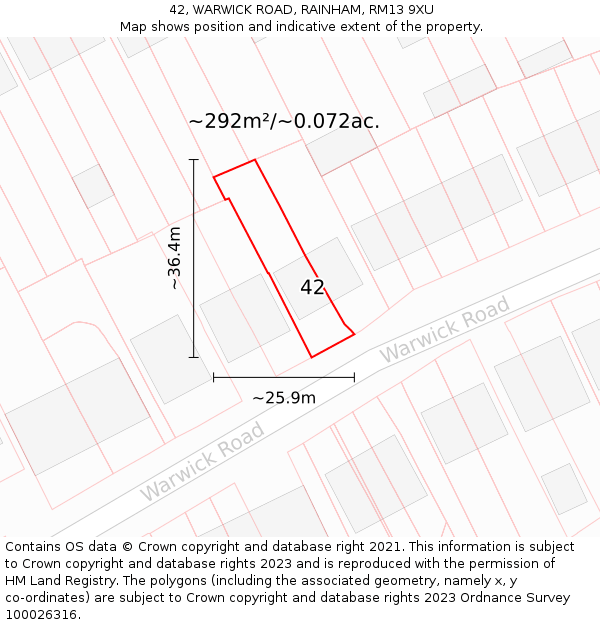 42, WARWICK ROAD, RAINHAM, RM13 9XU: Plot and title map