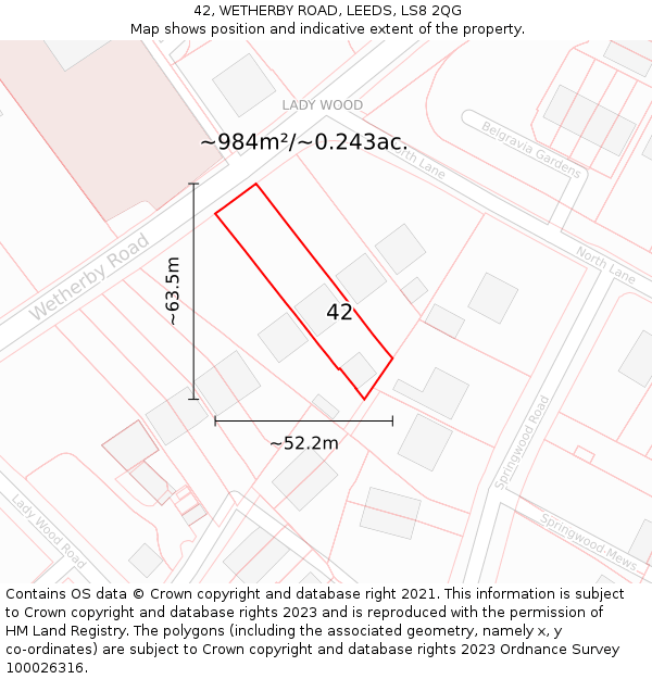 42, WETHERBY ROAD, LEEDS, LS8 2QG: Plot and title map