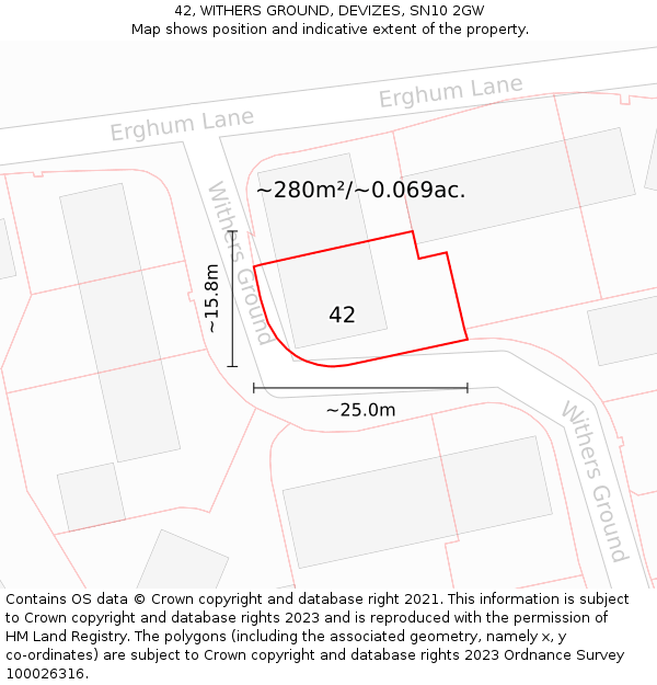 42, WITHERS GROUND, DEVIZES, SN10 2GW: Plot and title map
