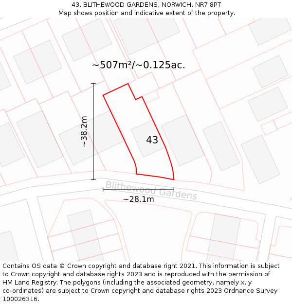 43, BLITHEWOOD GARDENS, NORWICH, NR7 8PT: Plot and title map